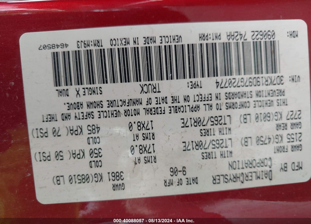 2007 DODGE RAM 1500 SLT VIN: 3D7KR19D97G720774