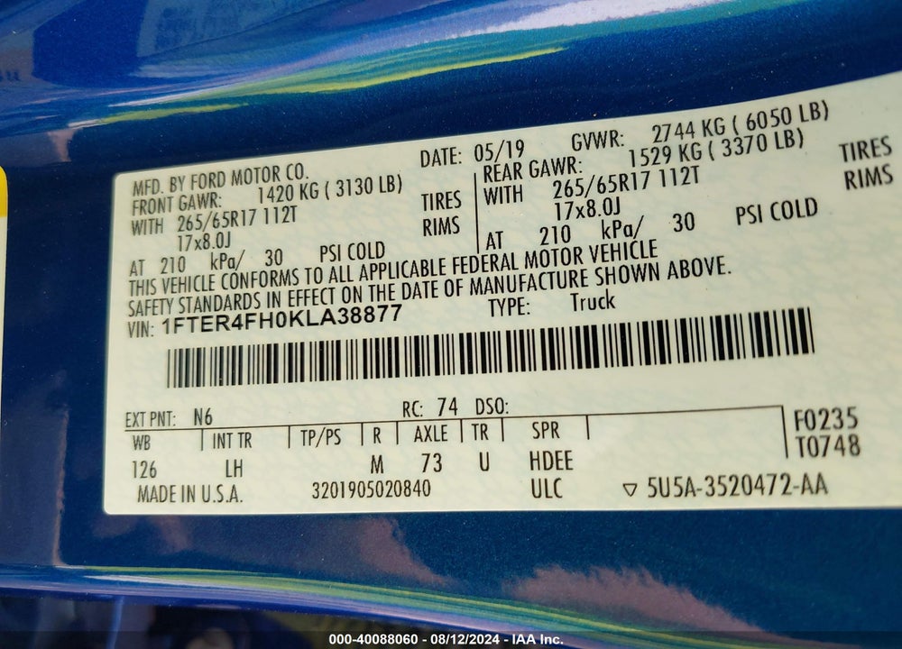 2019 FORD RANGER XLT VIN: 1FTER4FH0KLA38877
