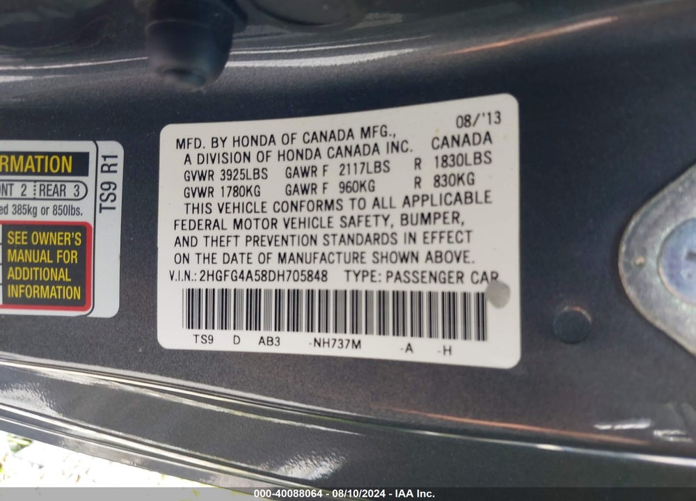 2013 HONDA CIVIC SI VIN: 2HGFG4A58DH705848