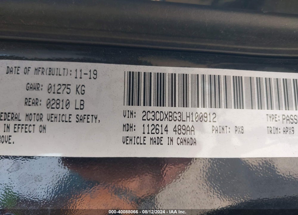 2020 DODGE CHARGER SXT RWD VIN: 2C3CDXBG3LH100912