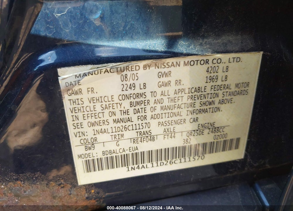 2006 NISSAN ALTIMA 2.5 S VIN: 1N4AL11D26C111570