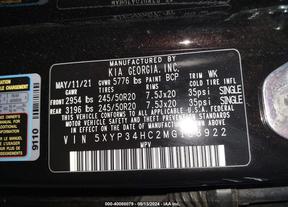 2021 KIA TELLURIDE EX VIN: 5XYP34HC2MG188922