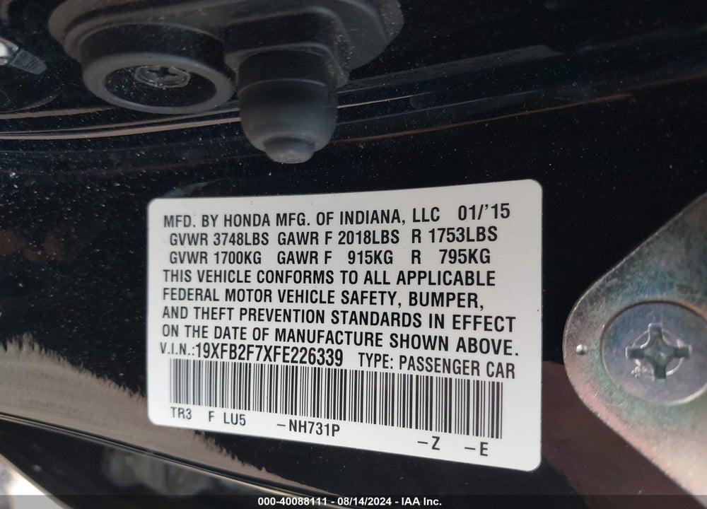 2015 HONDA CIVIC SE VIN: 19XFB2F7XFE226339