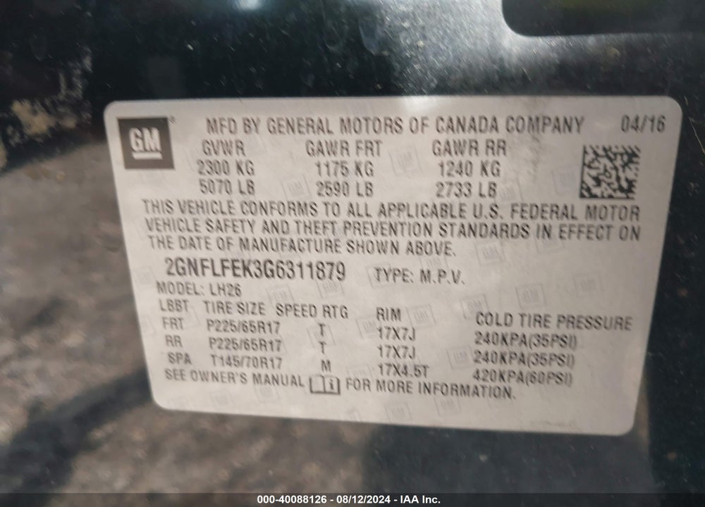 2016 CHEVROLET EQUINOX VIN: 2GNFLFEK3G6311879