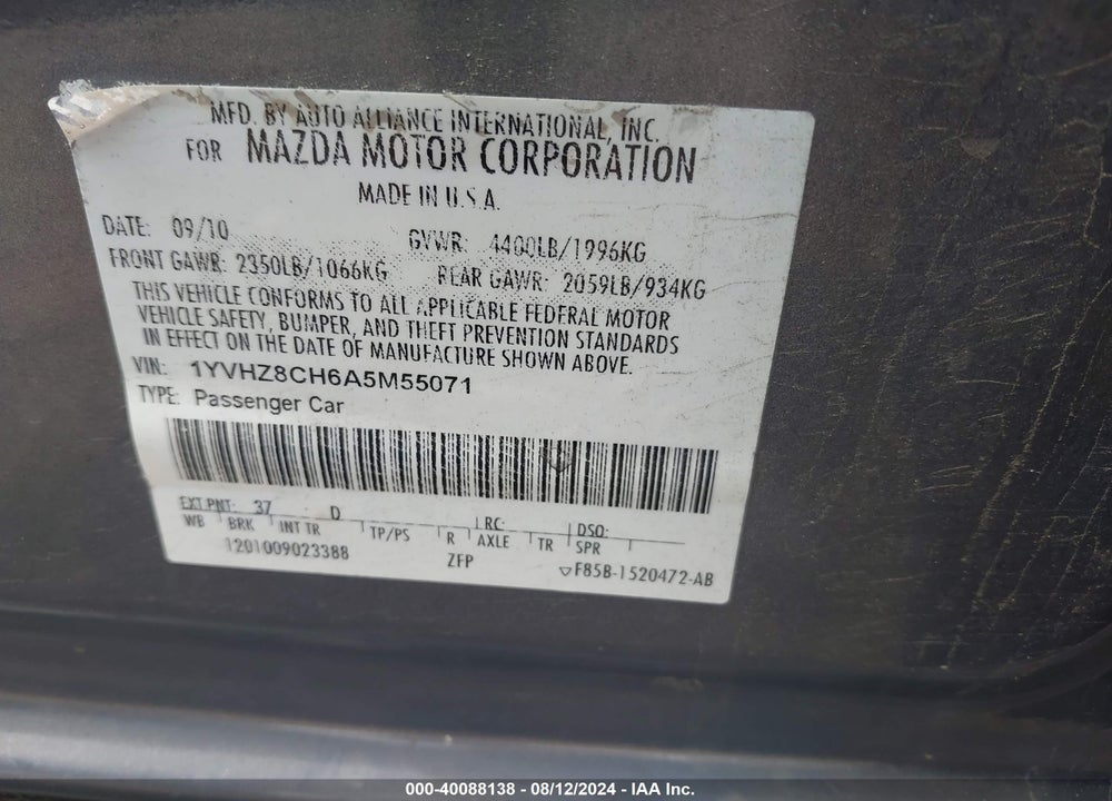 2010 MAZDA 6 VIN: 1YVHZ8CH6A5M55071