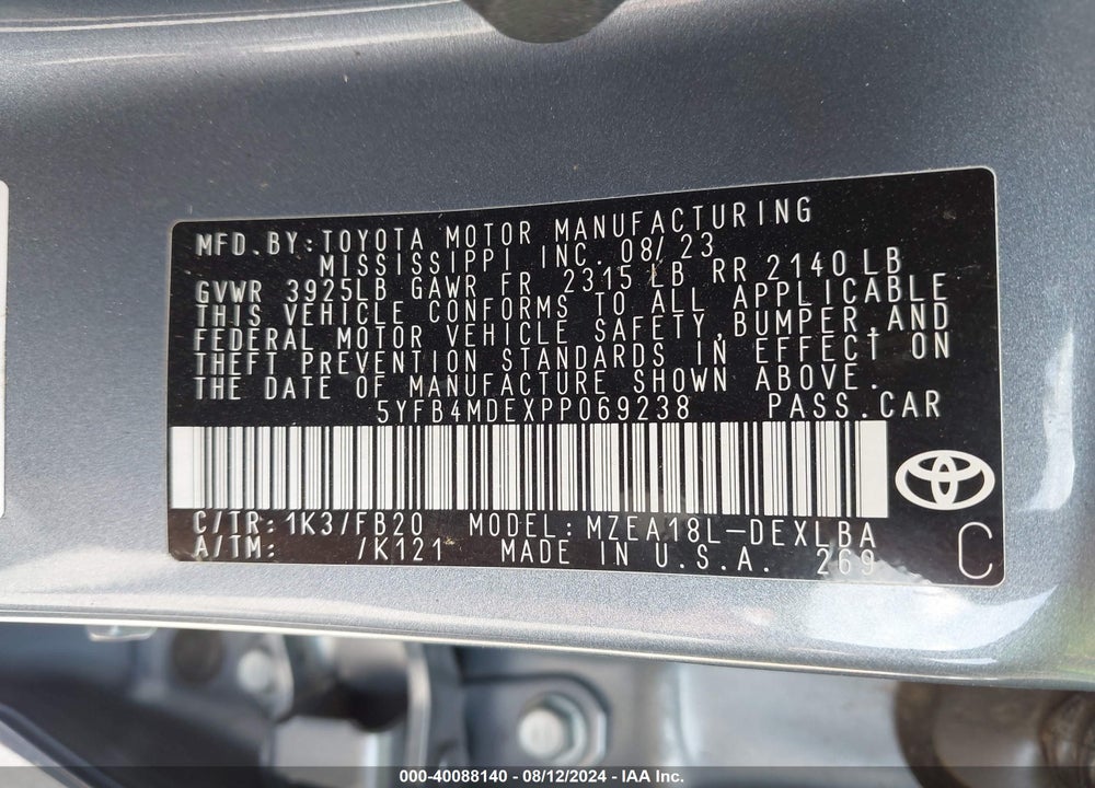 2023 TOYOTA COROLLA LE VIN: 5YFB4MDEXPP069238