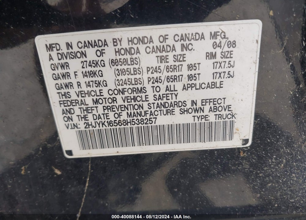2008 HONDA RIDGELINE RTL VIN: 2HJYK16568H538257
