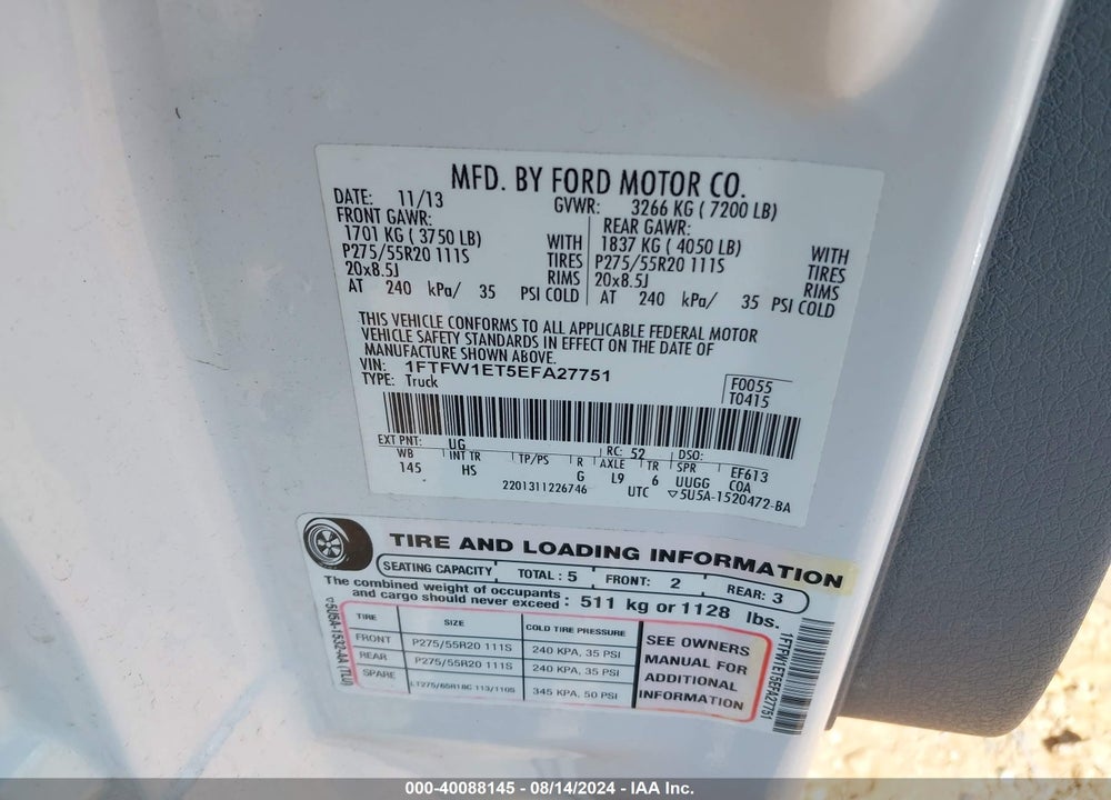 2014 FORD F-150 LARIAT VIN: 1FTFW1ET5EFA27751
