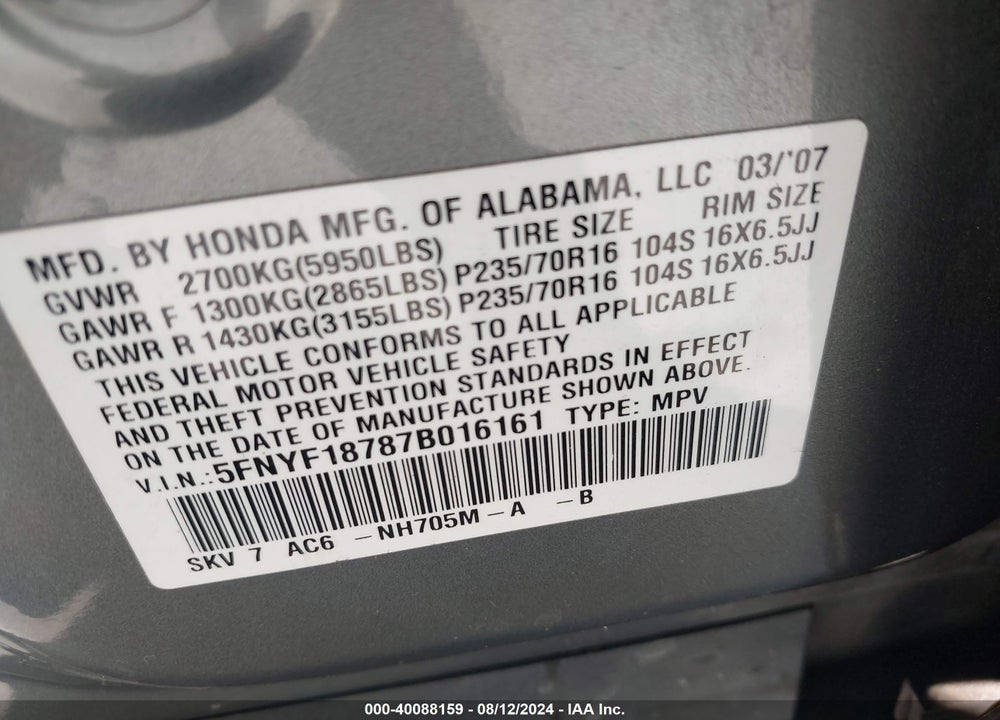 2007 HONDA PILOT EX-L VIN: 5FNYF18787B016161