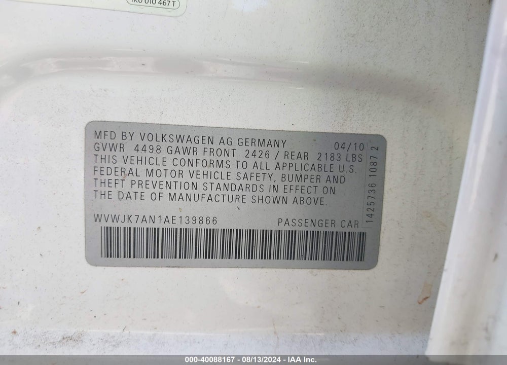 2010 VOLKSWAGEN PASSAT VIN: WVWJK7AN1AE139866