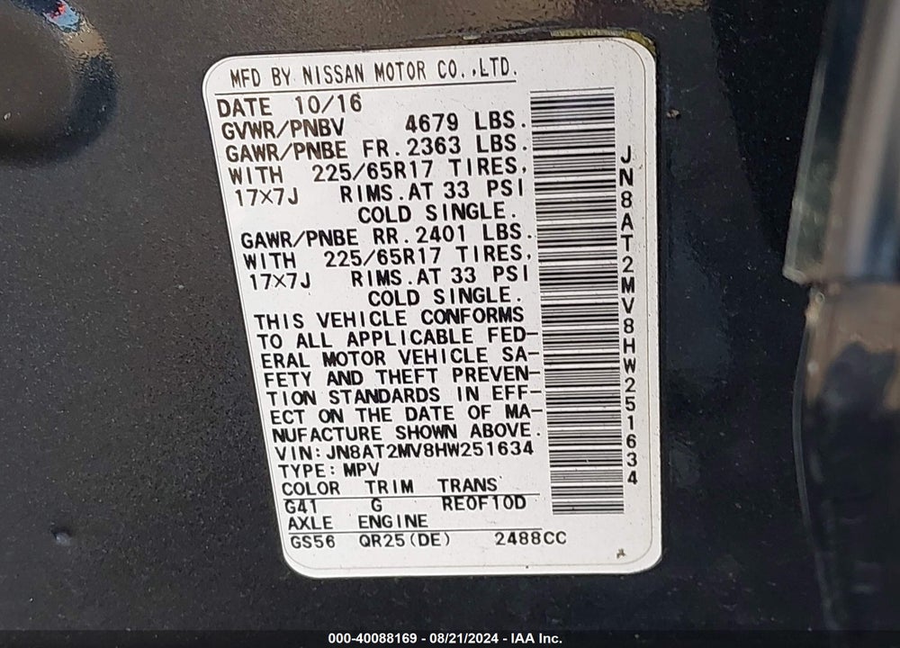 2017 NISSAN ROGUE S VIN: JN8AT2MV8HW251634