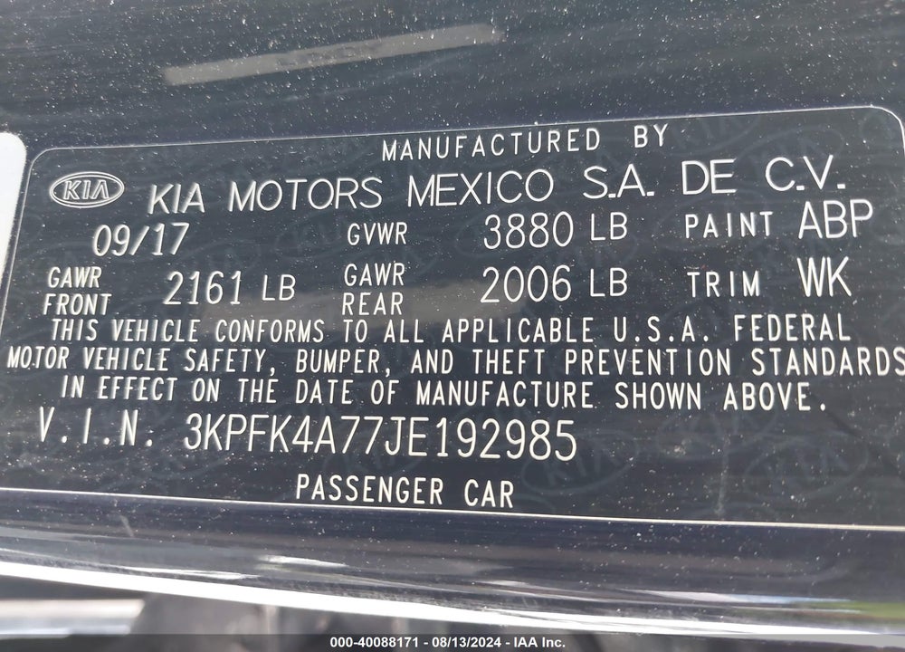 2018 KIA FORTE LX VIN: 3KPFK4A77JE192985