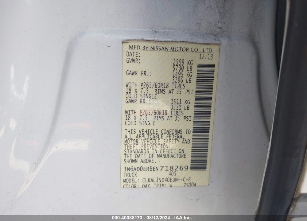 2014 NISSAN FRONTIER SL VIN: 1N6AD0ER6EN718269