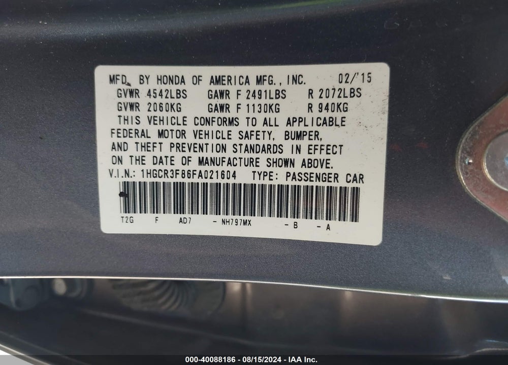 2015 HONDA ACCORD EX-L V-6 VIN: 1HGCR3F86FA021604