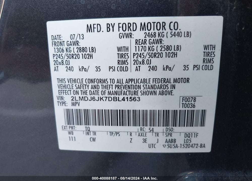 2013 LINCOLN MKX VIN: 2LMDJ6JK7DBL41563