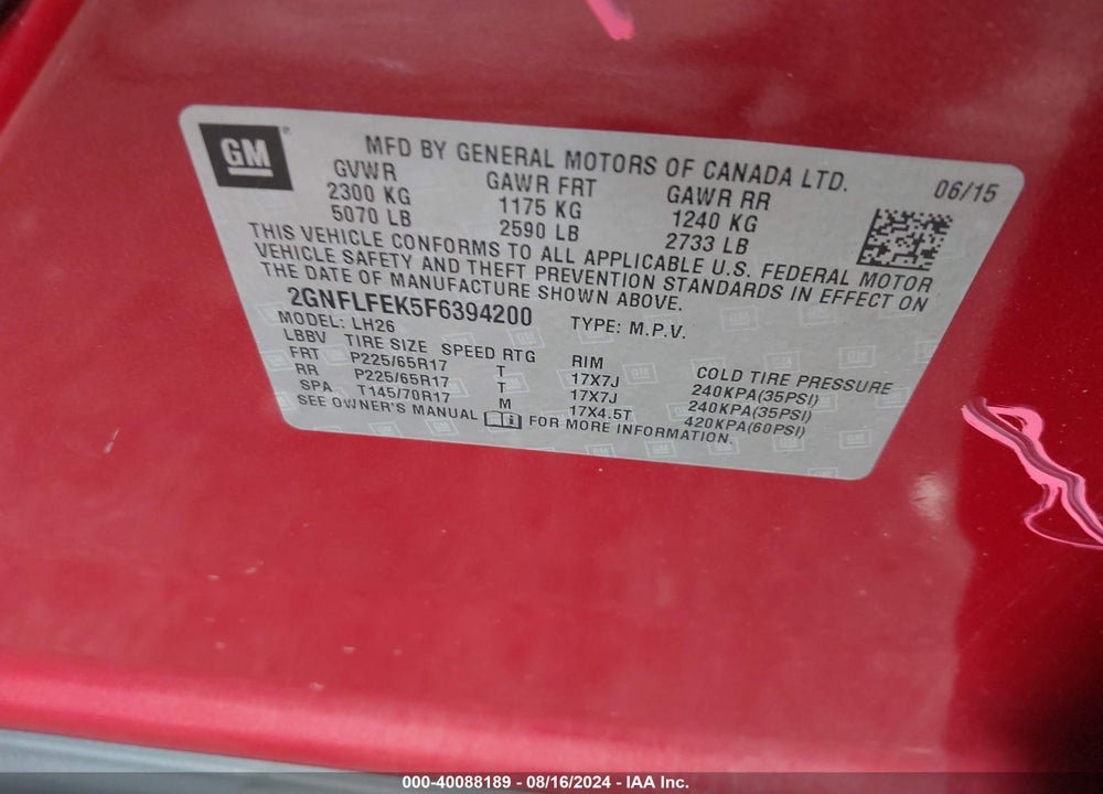 2015 CHEVROLET EQUINOX 1LT VIN: 2GNFLFEK5F6394200