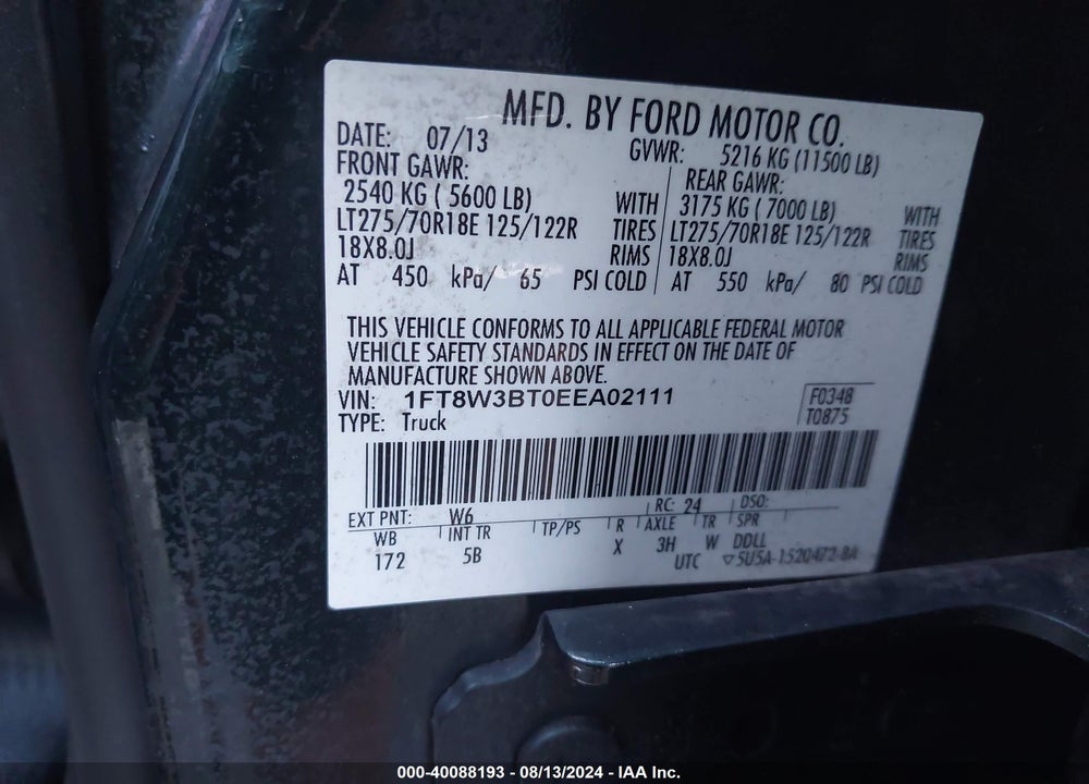2014 FORD F-350 LARIAT VIN: 1FT8W3BT0EEA02111