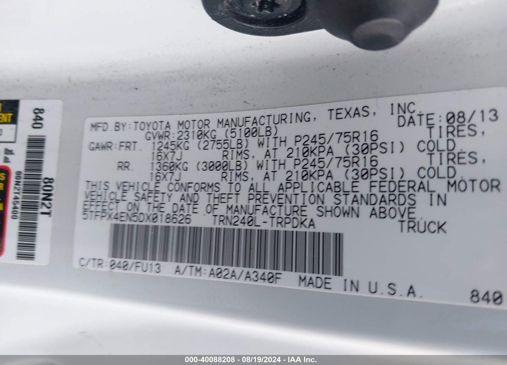 2013 TOYOTA TACOMA VIN: 5TFPX4EN5DX018626
