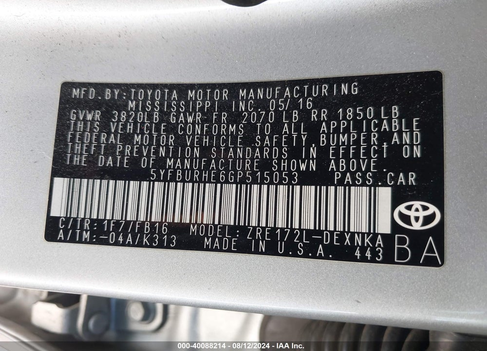 2016 TOYOTA COROLLA LE VIN: 5YFBURHE6GP515053