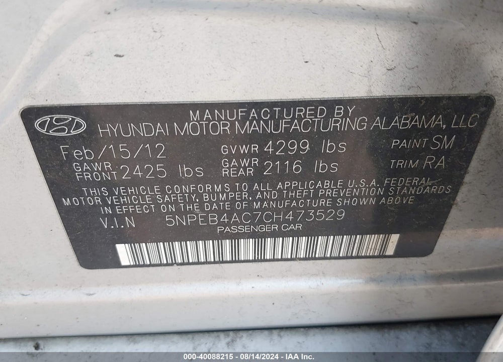2012 HYUNDAI SONATA GLS VIN: 5NPEB4AC7CH473529