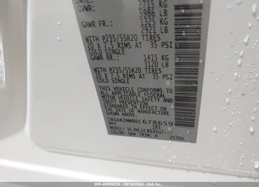 2014 NISSAN PATHFINDER PLATINUM VIN: 5N1AR2MM8EC678659