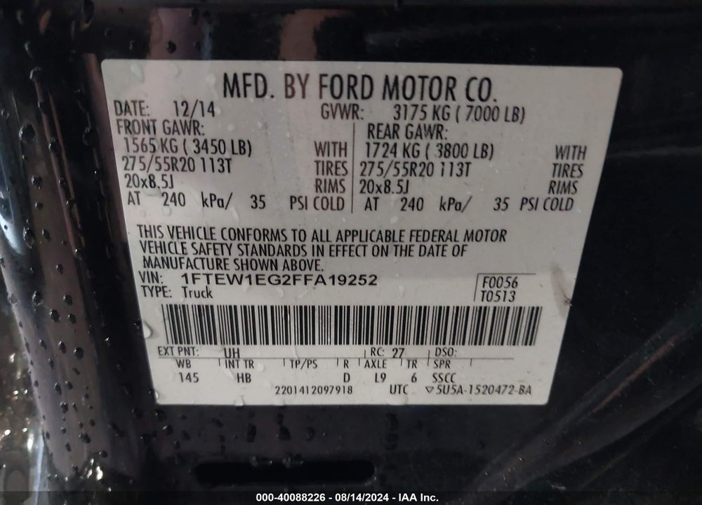 2015 FORD F-150 LARIAT VIN: 1FTEW1EG2FFA19252