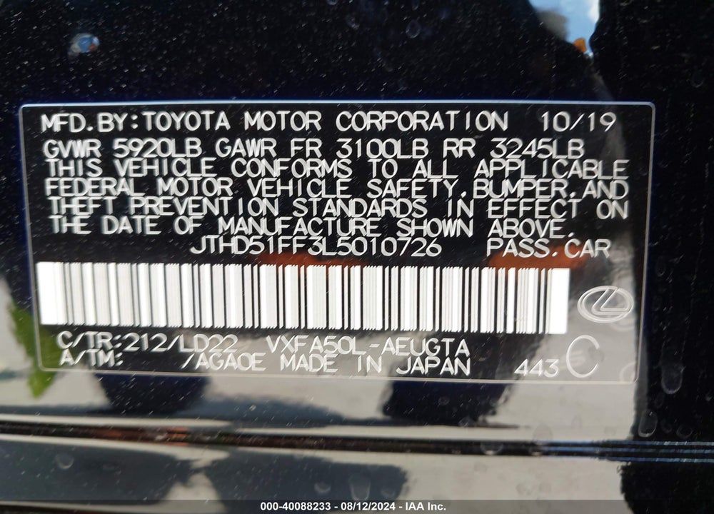 2020 LEXUS LS 500 VIN: JTHD51FF3L5010726