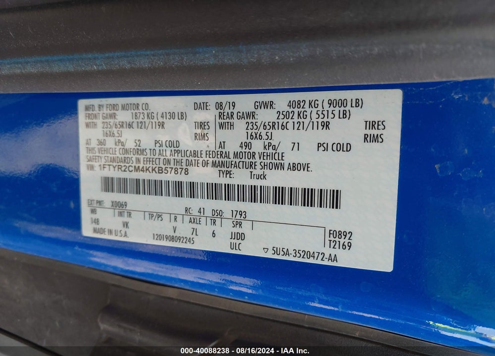 2019 FORD TRANSIT-250 VIN: 1FTYR2CM4KKB57878
