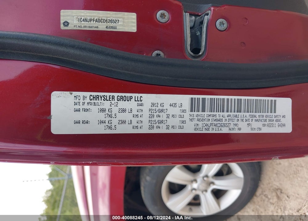 2012 JEEP PATRIOT LATITUDE VIN: 1C4NJPFA0CD626527