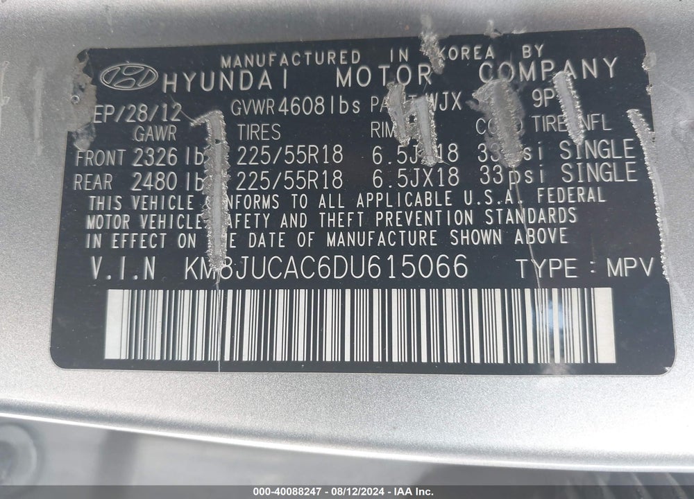 2013 HYUNDAI TUCSON LIMITED VIN: KM8JUCAC6DU615066