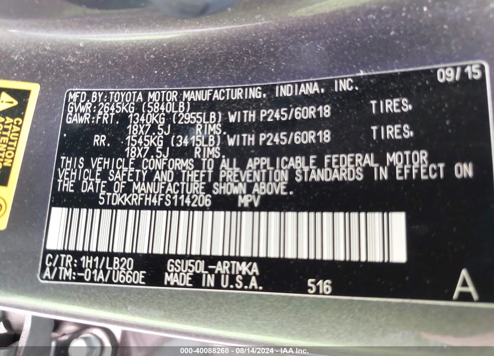 2015 TOYOTA HIGHLANDER XLE V6 VIN: 5TDKKRFH4FS114206