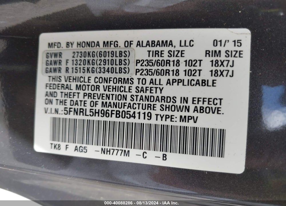 2015 HONDA ODYSSEY TOURING/TOURING ELITE VIN: 5FNRL5H96FB054119