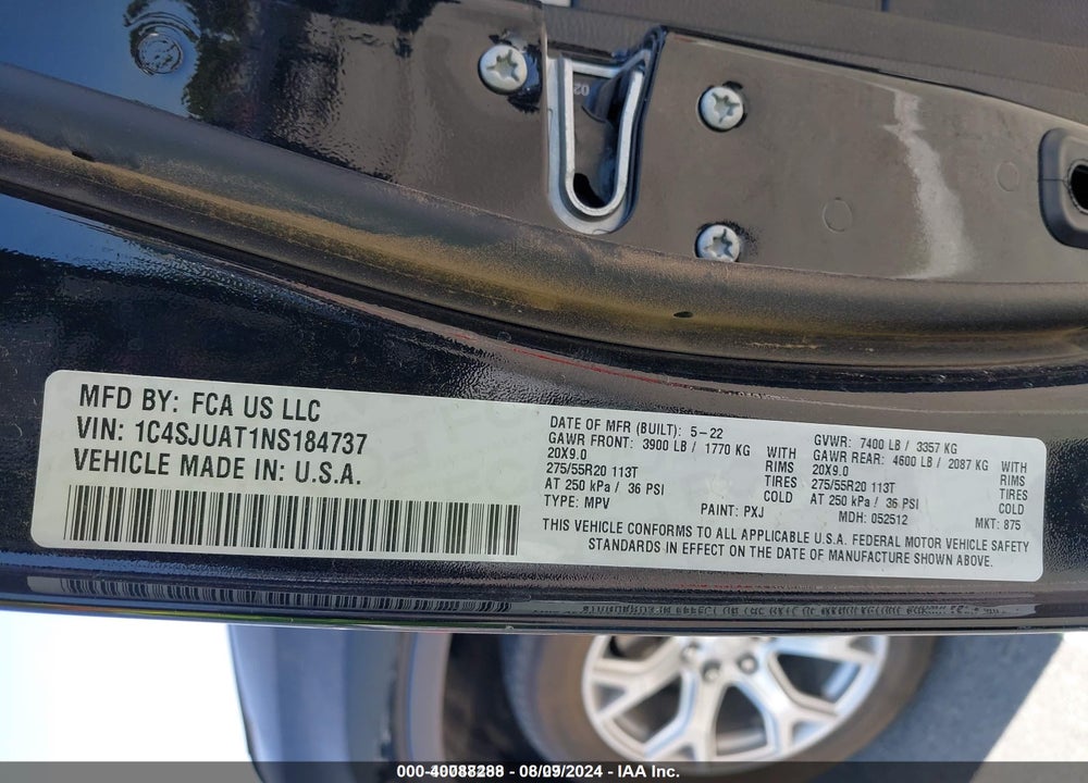 2022 JEEP WAGONEER SERIES I 4X2 VIN: 1C4SJUAT1NS184737