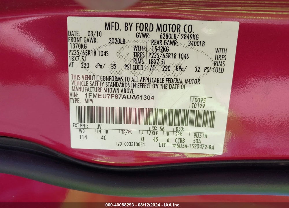 2010 FORD EXPLORER LIMITED VIN: 1FMEU7F87AUA61304