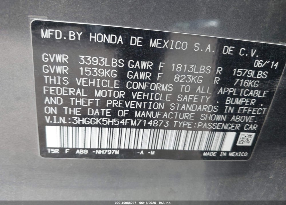 2015 HONDA FIT VIN: 3HGGK5H54FM714873