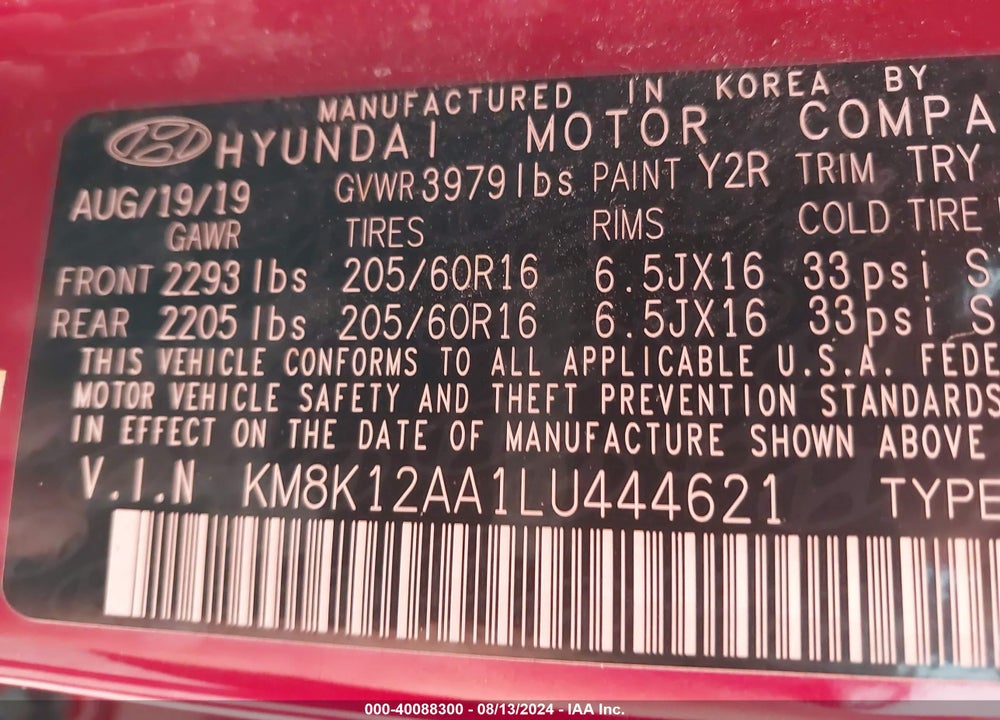 2020 HYUNDAI KONA SE VIN: KM8K12AA1LU444621