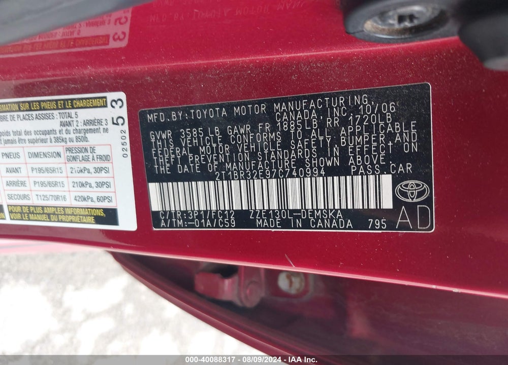 2007 TOYOTA COROLLA S VIN: 2T1BR32E97C740994
