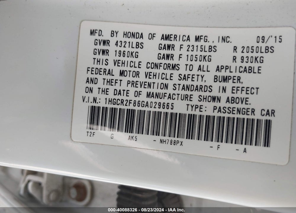 2016 HONDA ACCORD EX-L VIN: 1HGCR2F86GA029665