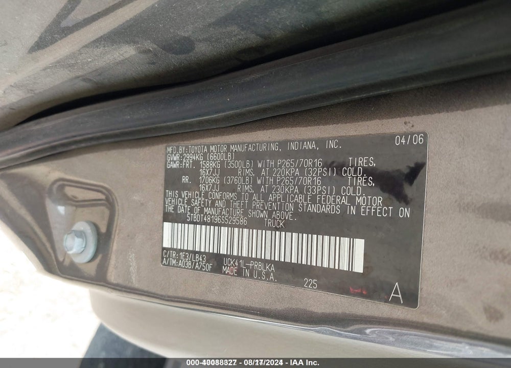 2006 TOYOTA TUNDRA LIMITED V8 VIN: 5TBDT48196S529586