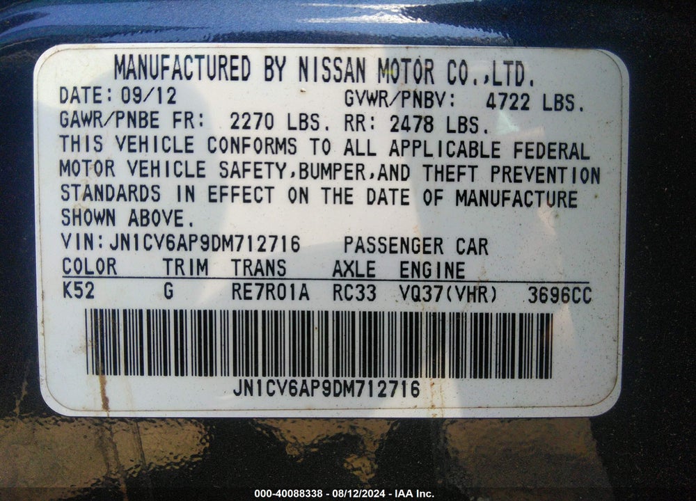 2013 INFINITI G37 JOURNEY VIN: JN1CV6AP9DM712716