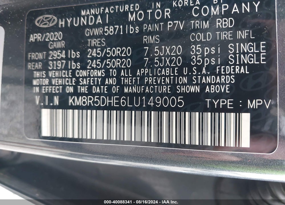 2020 HYUNDAI PALISADE LIMITED VIN: KM8R5DHE6LU149005