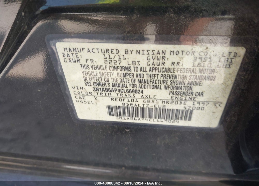 2012 NISSAN SENTRA 2.0 S VIN: 3N1AB6AP4CL669024