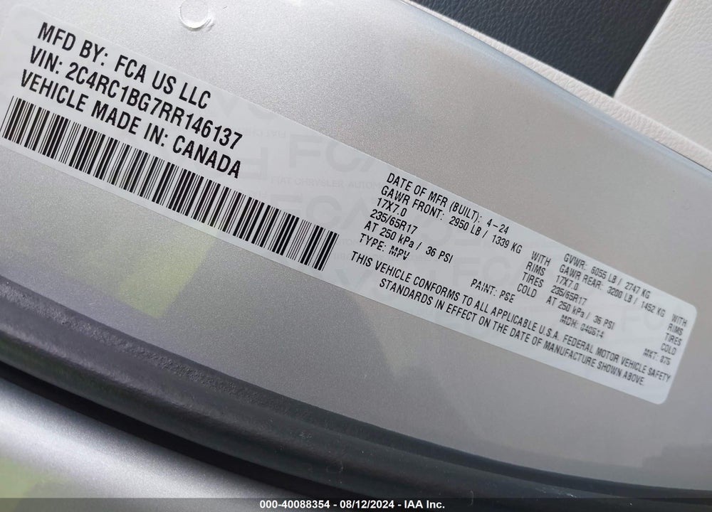 2024 CHRYSLER PACIFICA TOURING L VIN: 2C4RC1BG7RR146137