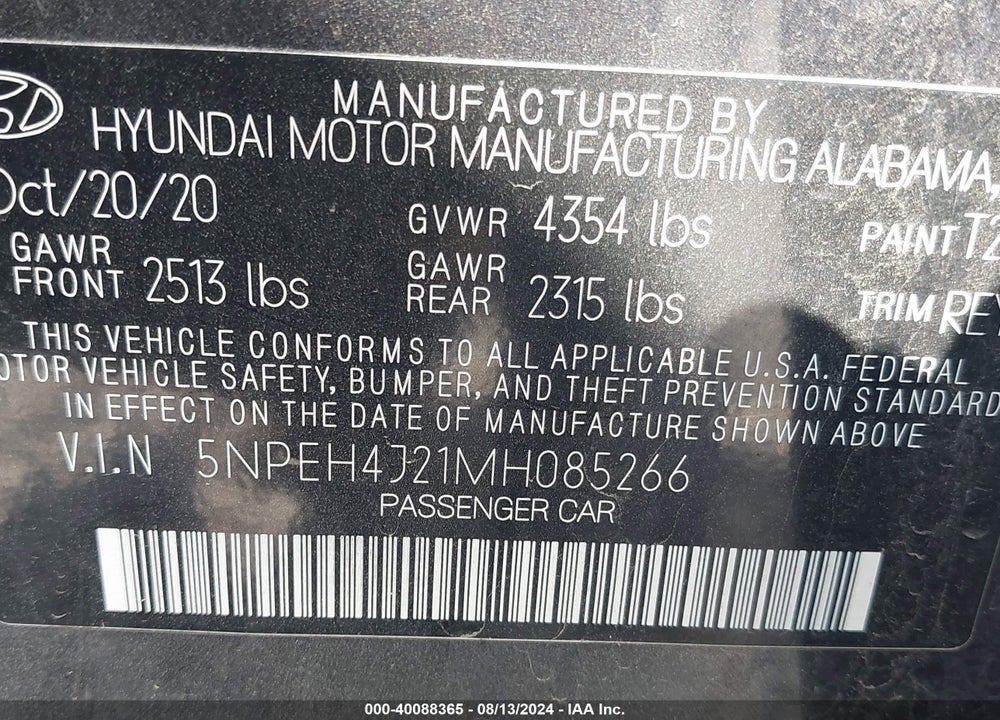 2021 HYUNDAI SONATA LIMITED VIN: 5NPEH4J21MH085266