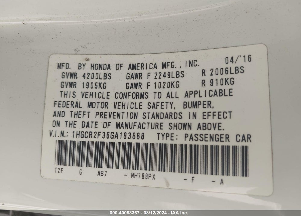 2016 HONDA ACCORD LX VIN: 1HGCR2F36GA193888
