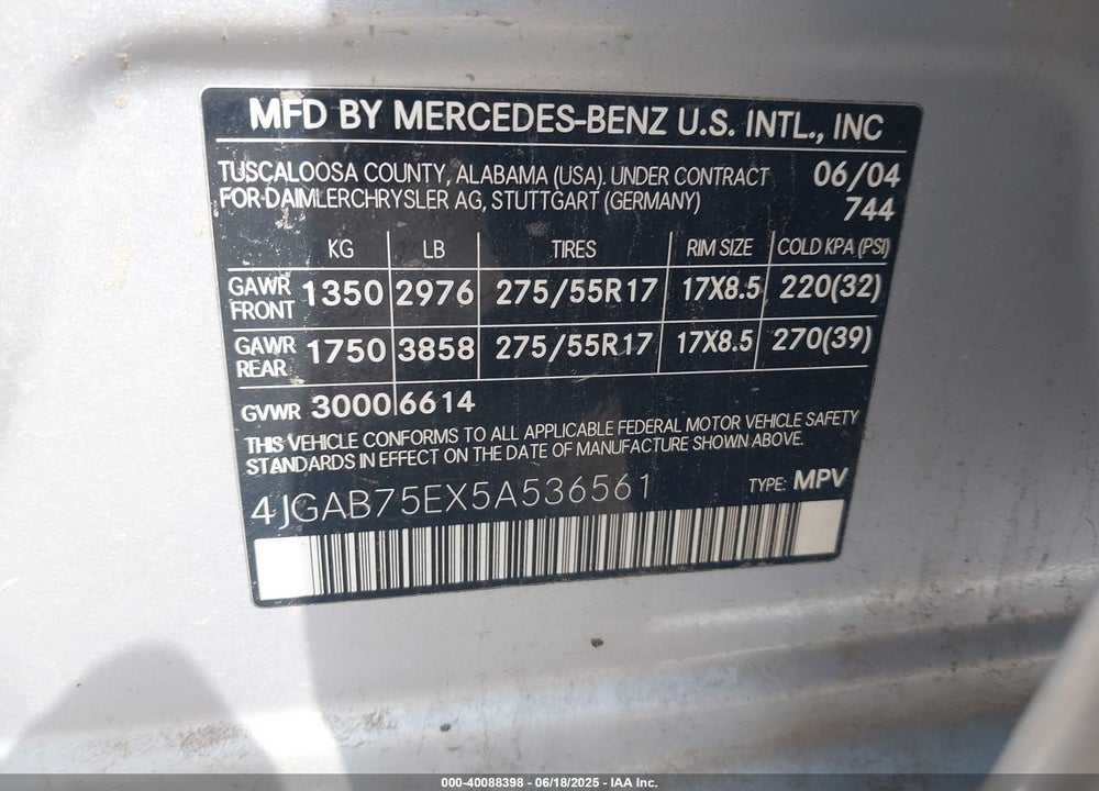 2005 MERCEDES-BENZ ML 500 4MATIC VIN: 4JGAB75EX5A536561