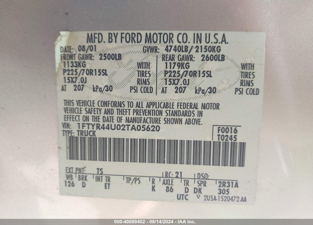 2002 FORD RANGER EDGE/TREMOR/XLT VIN: 1FTYR44U02TA05620