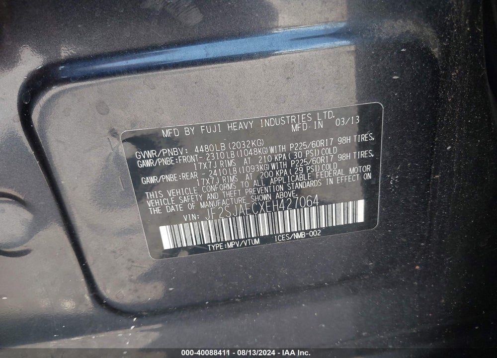 2014 SUBARU FORESTER 2.5I PREMIUM VIN: JF2SJAECXEH427064