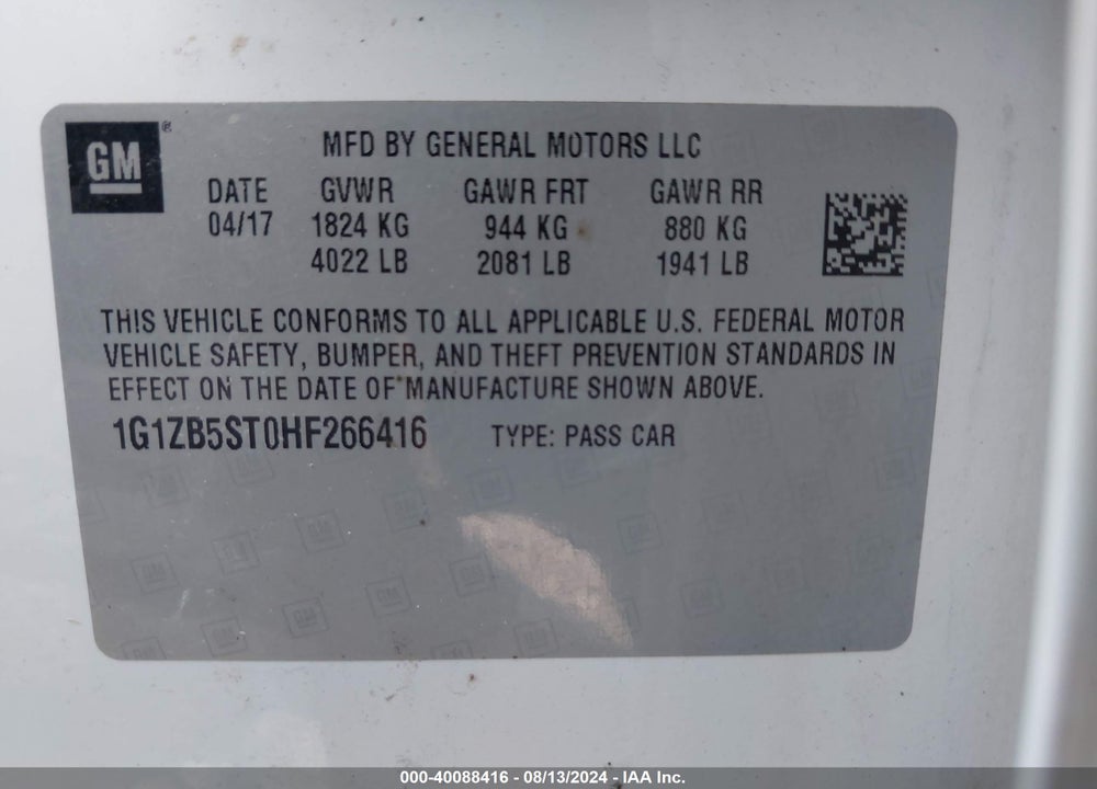 2017 CHEVROLET MALIBU LS VIN: 1G1ZB5ST0HF266416