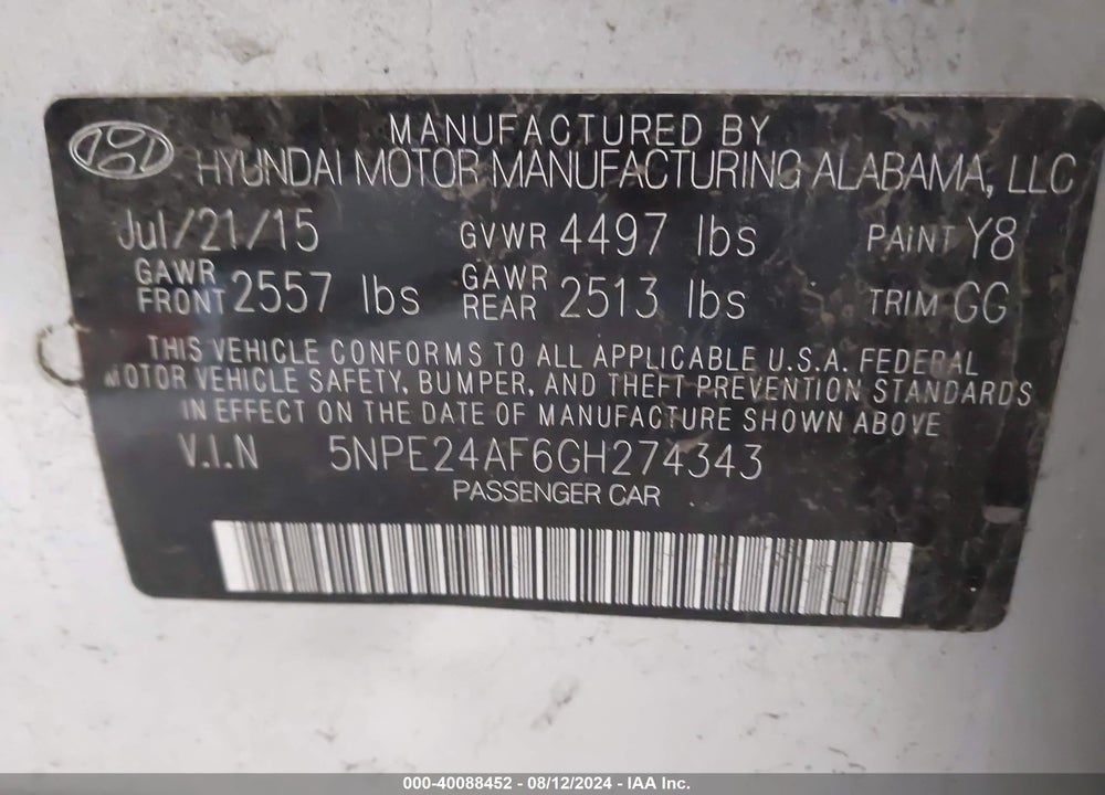 2016 HYUNDAI SONATA SE VIN: 5NPE24AF6GH274343